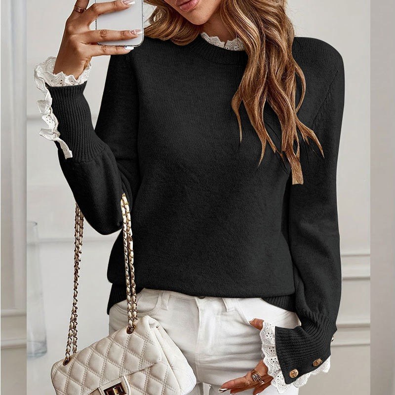 Lace-Trimmed Round Neck Knit Sweater