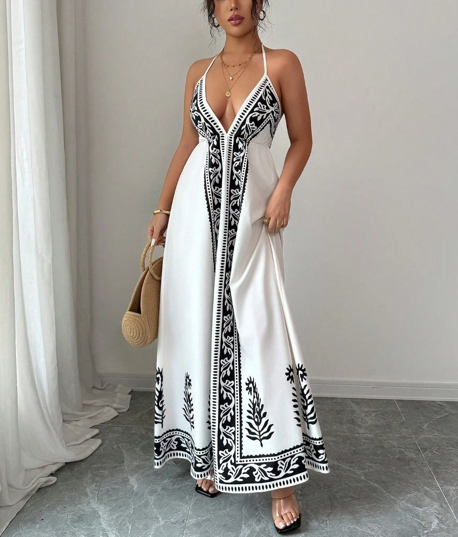 Printed pattern halter-neck dress