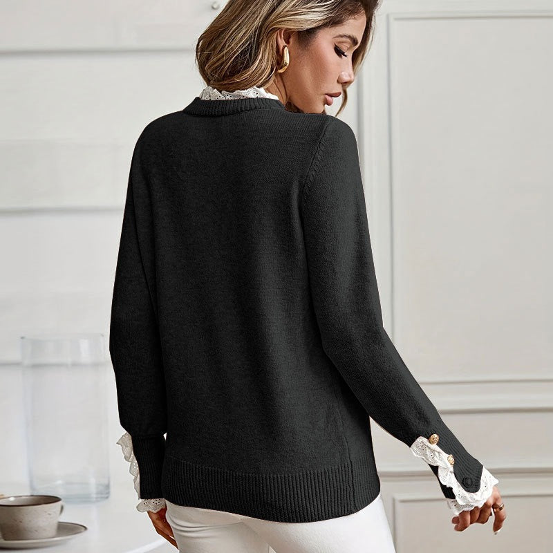 Lace-Trimmed Round Neck Knit Sweater