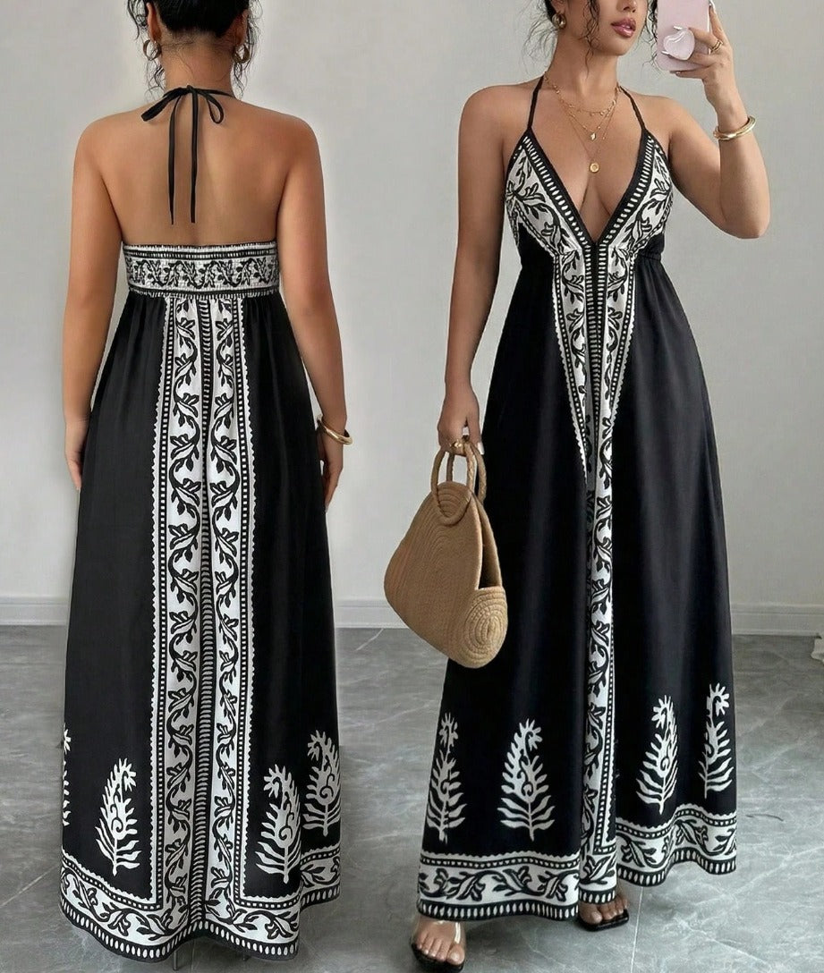 Printed pattern halter-neck dress