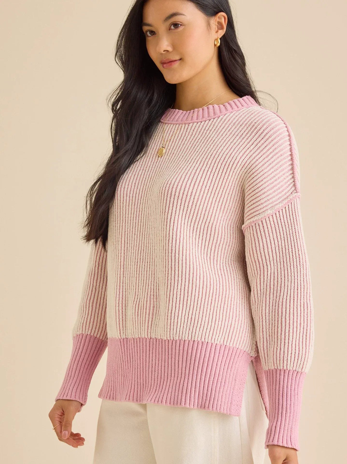 Contrast Color Split-Side High-Low Long Sleeves High Neck Sweater Tops Pullovers