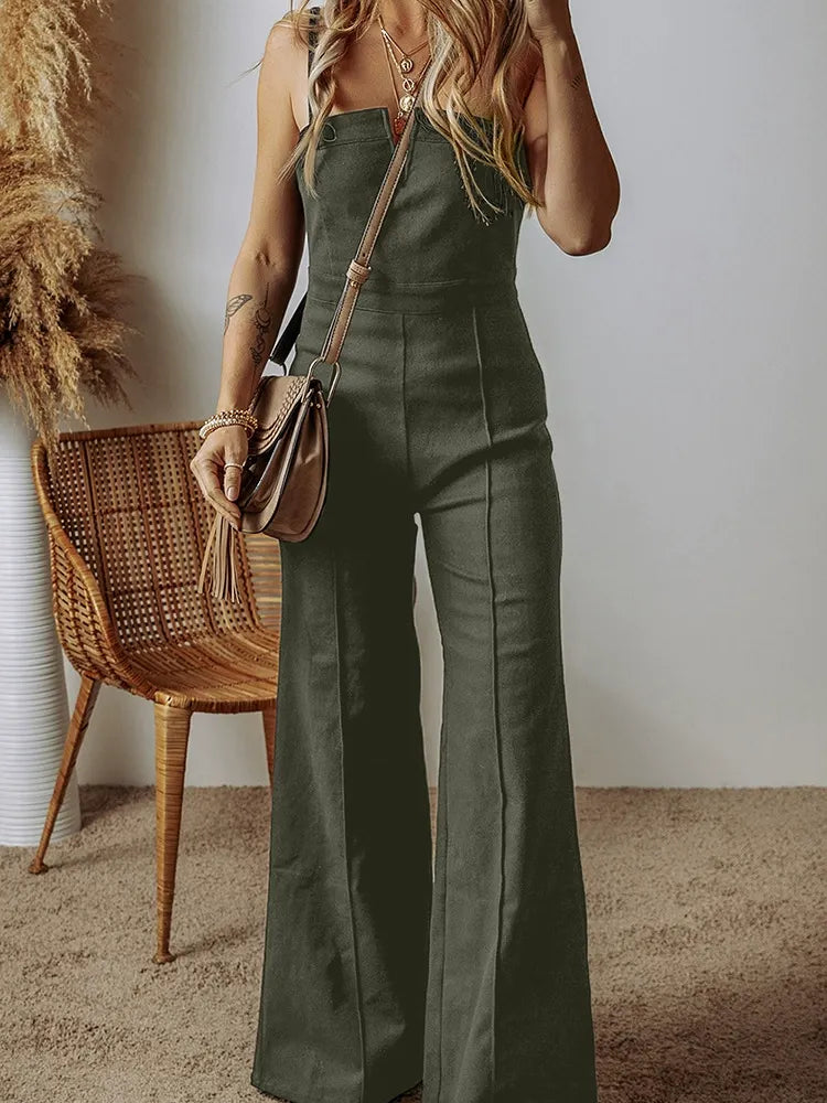 Pockets Solid Color Zipper High Waisted Loose Spaghetti-Neck Jumpsuits