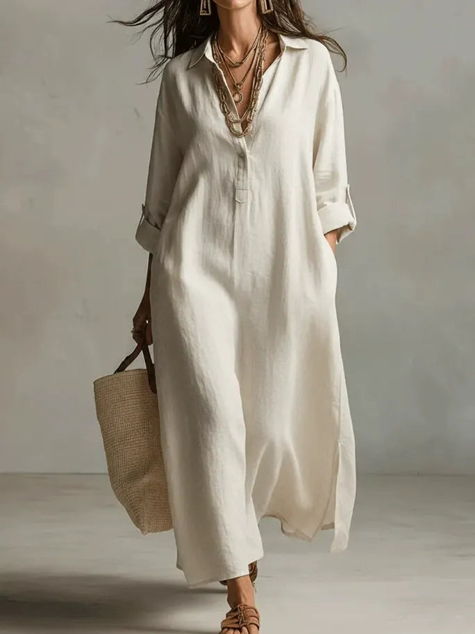 Half Sleeves High Waisted Pleated See-Through Solid Color Lapel Midi Dresses Shirt Dress