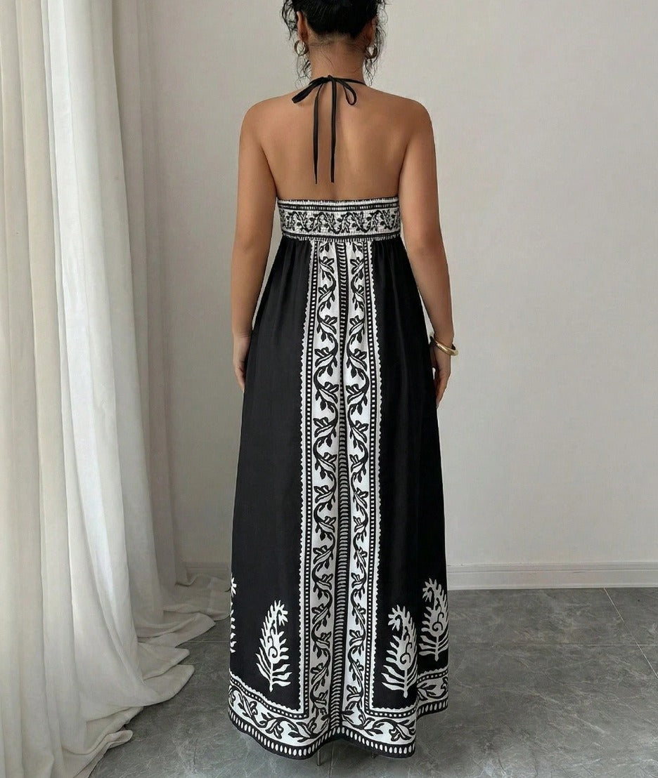 Printed pattern halter-neck dress