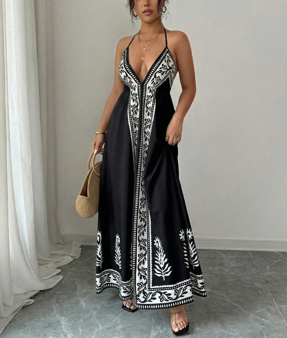 Printed pattern halter-neck dress