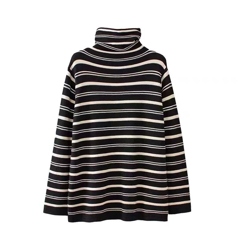 Long Sleeves Skinny Contrast Color Split-Joint Striped High Neck T-Shirts Tops