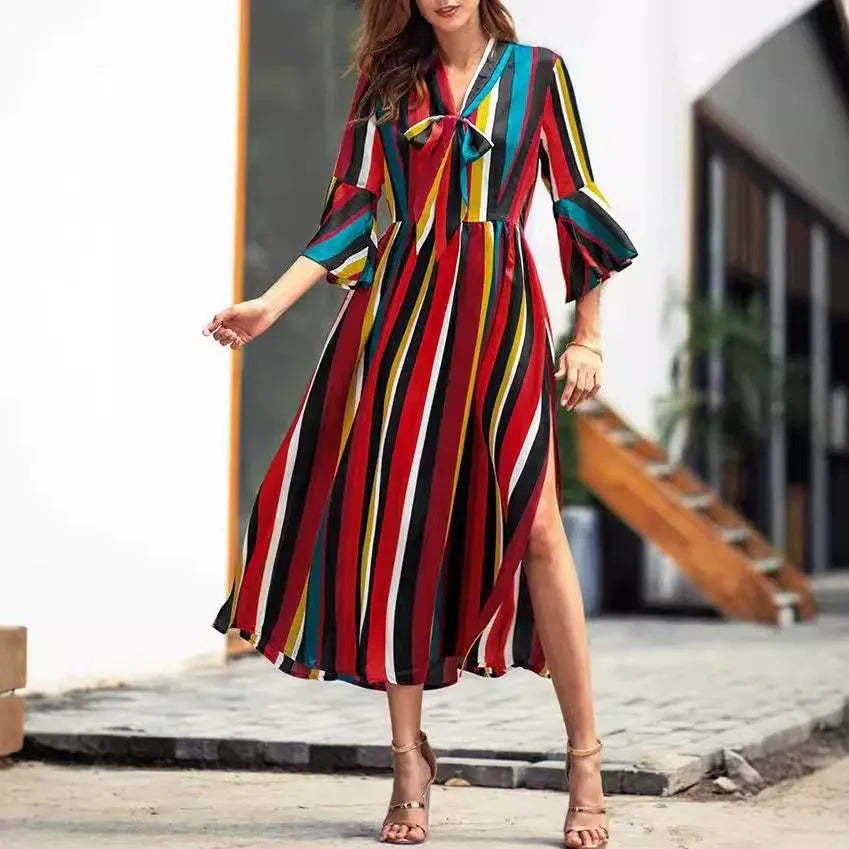 Long Sleeves Loose Multi-Colored Pleated Striped High Neck Maxi Dresses