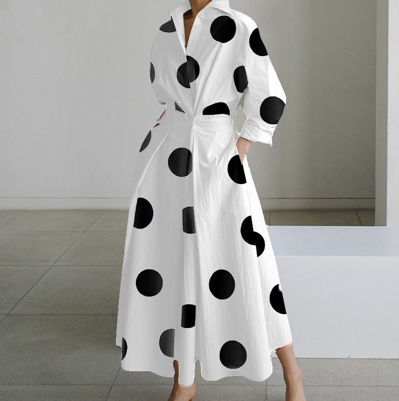 Long Sleeves Loose Big Hemline Contrast Color Pleated Polka Dot Split-Joint Half Turtleneck Maxi Dresses