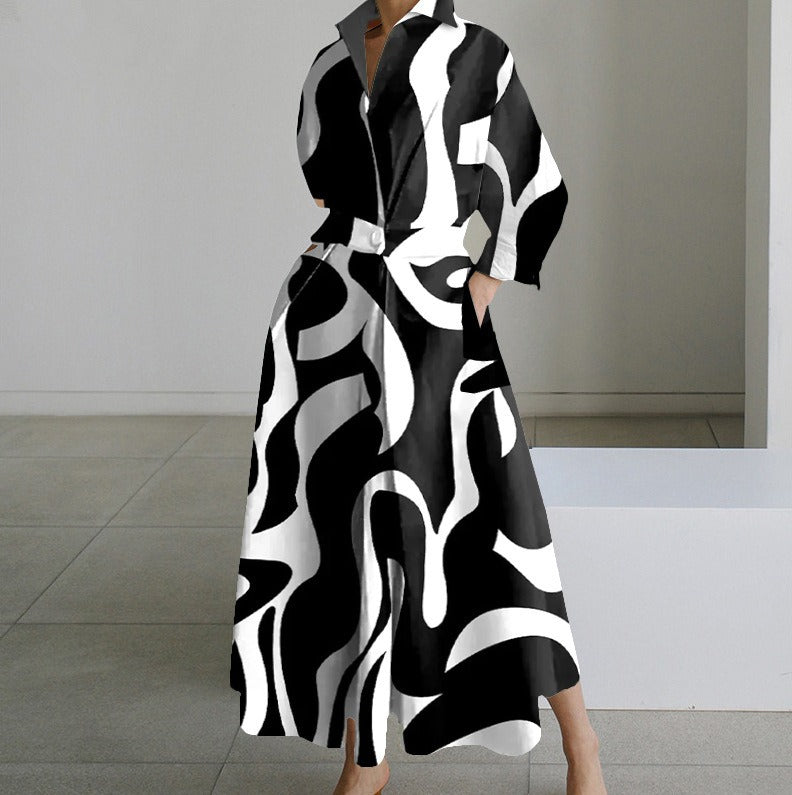 Long Sleeves Loose Big Hemline Contrast Color Pleated Polka Dot Split-Joint Half Turtleneck Maxi Dresses