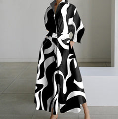Long Sleeves Loose Big Hemline Contrast Color Pleated Polka Dot Split-Joint Half Turtleneck Maxi Dresses