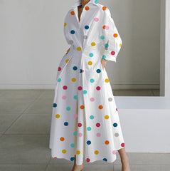 Long Sleeves Loose Big Hemline Contrast Color Pleated Polka Dot Split-Joint Half Turtleneck Maxi Dresses