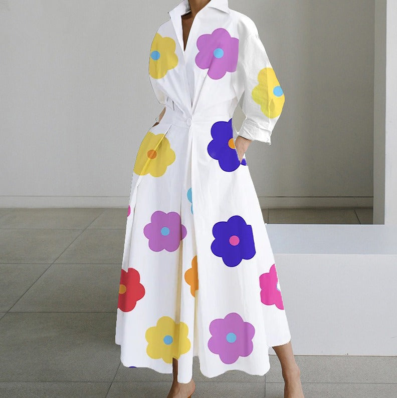 Long Sleeves Loose Big Hemline Contrast Color Pleated Polka Dot Split-Joint Half Turtleneck Maxi Dresses