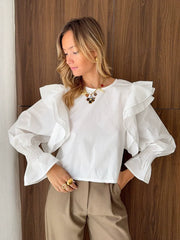 Solid Color Half Sleeves Ruffle Sleeves Stand Collar Blouses&Shirts Tops