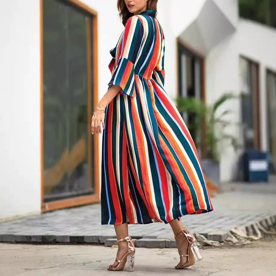 Long Sleeves Loose Multi-Colored Pleated Striped High Neck Maxi Dresses
